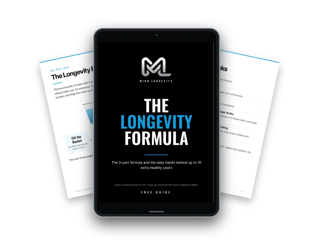 The Longevity Formula by Mind Longevity, the actual guide cover on a tablet, with Fill the Bucket and Seal the Leaks pages behind it